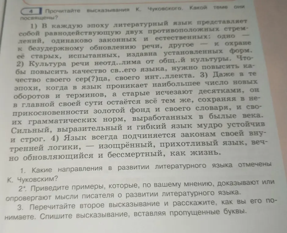 Помоги ответить на вопросы по высказыванию К. Чуковского о литературном языке
