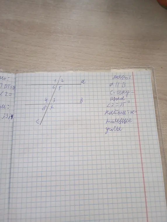Найди остальные углы, если прямые a и b параллельны, c - секущая и угол 2 равен 35°