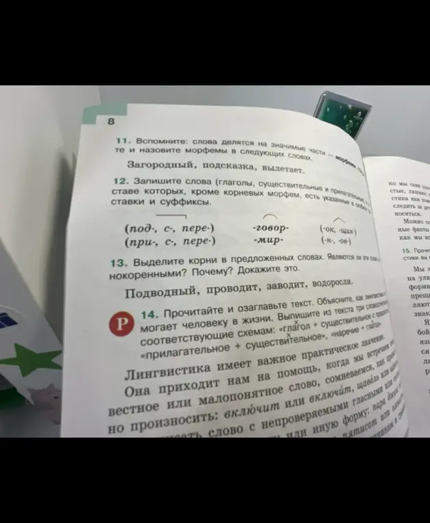 Ты просишь выполнить задания: в 11-м – назвать морфемы в словах "Загородный, подсказка, вылетает", в 12-м – записать слова, в 13-м – выделить корни в словах "Подводный, проводит, заводит, водоросли".