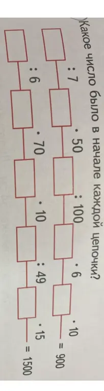 Определи, какое число было в начале каждой цепочки: :7 * 50 : 100 * 6 * 10 = 900; :6 * 70 * 10 : 49 * 15 = 1500