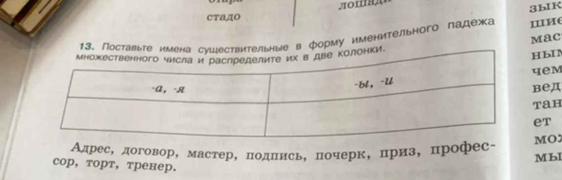 Помоги образовать форму множественного числа имени существительного в именительном падеже и распредели их в две колонки.