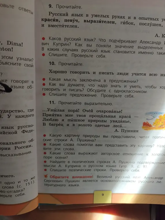 Выполни упражнения 9, 10 и 11: ответь на вопросы и спиши текст