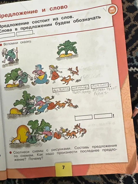 Ты просишь соотнести схемы с рисунками и составить предложения по схемам, а также объяснить, как нужно произнести последнее предложение и почему.