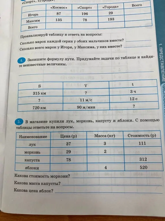 Запиши формулу пути и придумай задачи по таблице, чтобы найти неизвестные величины. Какова стоимость моркови?