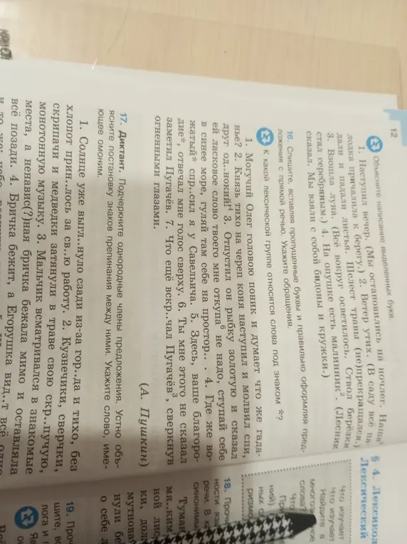 Ты просишь подчеркнуть однородные члены предложения в диктанте, устно объяснить постановку знаков препинания между ними и указать слово, имеющее омоним.