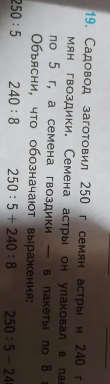 Объясни, что обозначают выражения: 250:5, 240:8, 250:5+240:8, 250:5-240:8