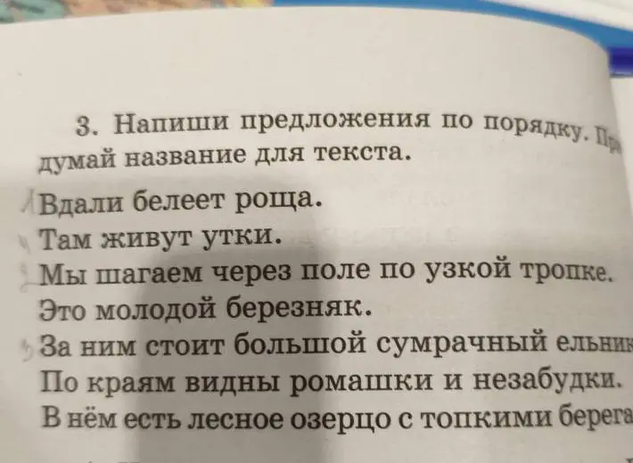 Составь предложения по порядку из текста "Вдали белеет роща" и придумай название для текста.
