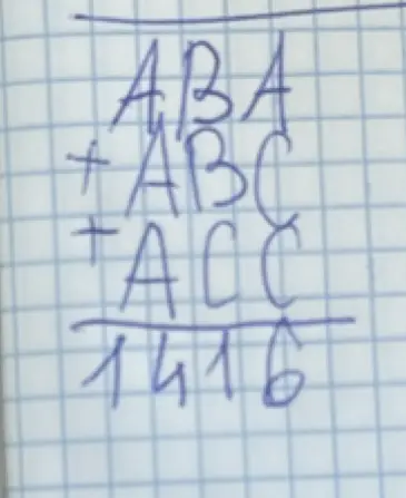 Предложи решение ребуса ABA + ABC + ACC = 1416