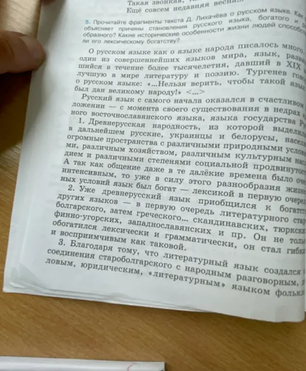 Как объяснить причины становления русского языка богатым и образным, и какие исторические особенности жизни людей способствовали его лексическому богатству в тексте Д. Лихачёва?