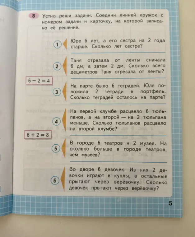 Реши устно задачи и соедини линией кружок с номером задачи и карточку, на которой записано её решение в первой задаче: Юре 6 лет, а его сестра на 2 года старше. Сколько лет сестре?