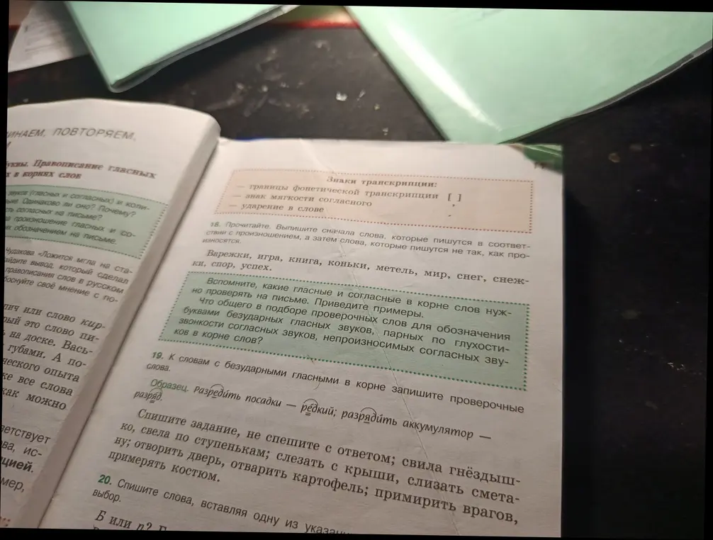 Выполни упражнение 18: выпиши сначала слова, которые пишутся в соответствии с произношением, а затем слова, которые пишутся не так, как произносятся, из списка слов. Выполни упражнение 19: к словам с безударными гласными в корне запиши проверочные слова.