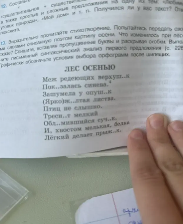 Выполни синтаксический анализ первого предложения стихотворения 'Лес осенью'.