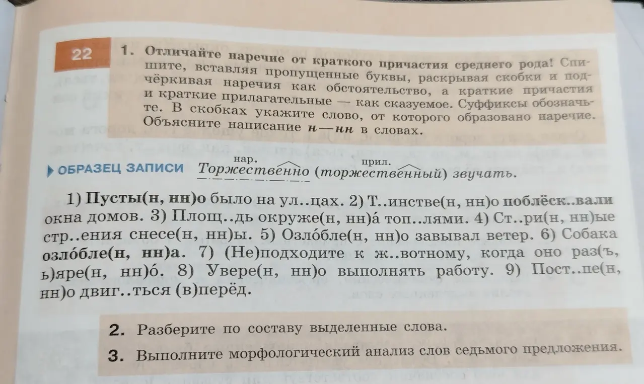 Помоги определить, сколько Н и НН нужно вставить в слова, и выполни морфологический анализ слов седьмого предложения.