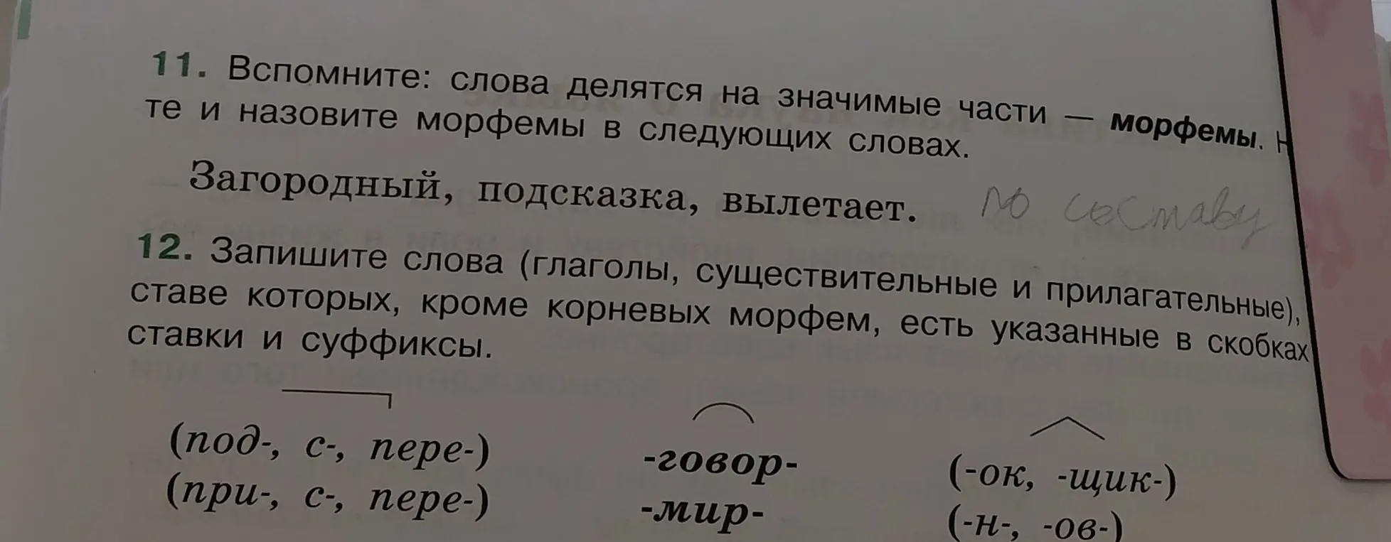 Назови морфемы в словах: Загородный, подсказка, вылетает.
