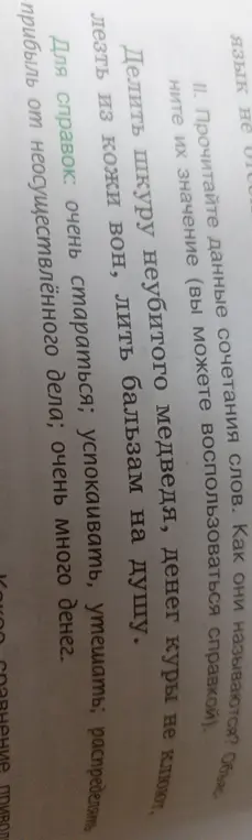 Объясни значение фразеологизмов: 'Делить шкуру неубитого медведя', 'денег куры не клюют', 'лезть из кожи вон', 'лить бальзам на душу'
