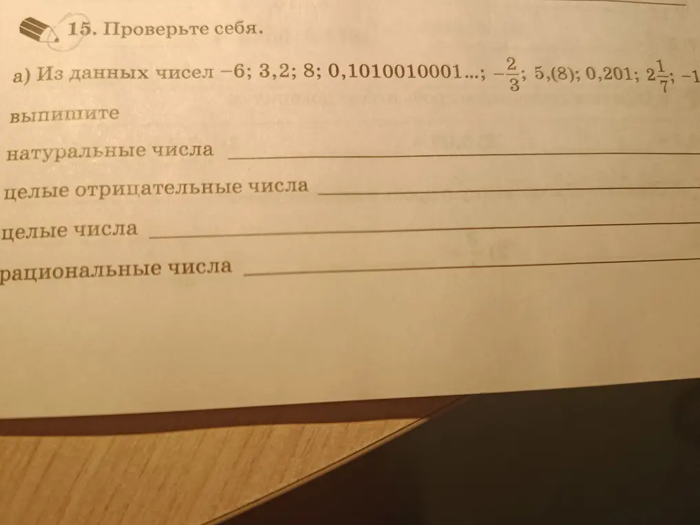 Выпиши из данных чисел натуральные, целые отрицательные, целые и рациональные числа
