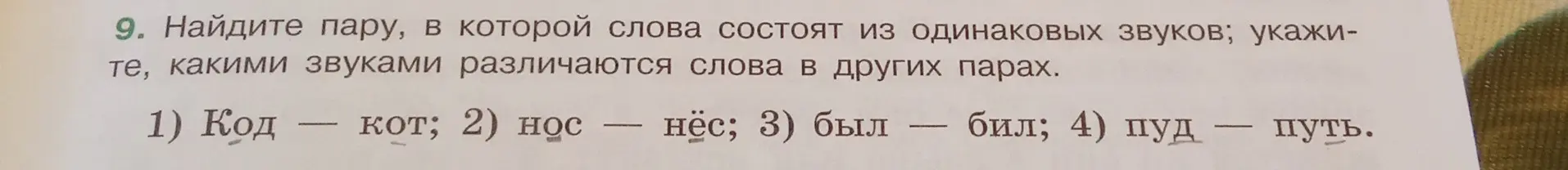 Выполни задание: найди пару, в которой слова состоят из одинаковых звуков; укажи, какими звуками различаются слова в других парах.