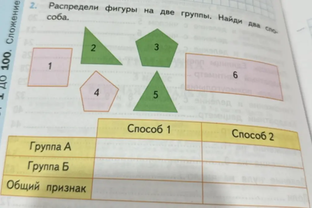 Предложи два способа, как распределить фигуры на две группы