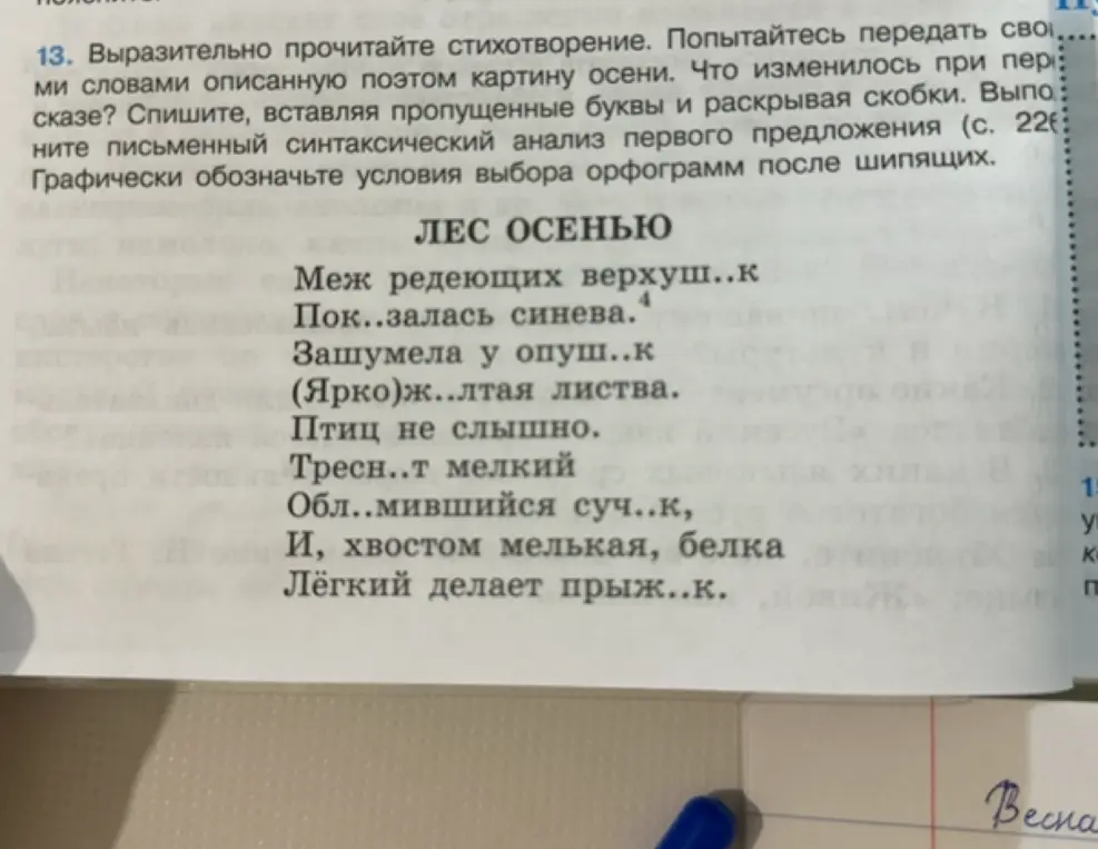 Выполни письменный синтаксический анализ первого предложения из стихотворения «Лес осенью».