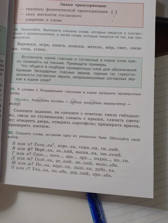 Выполни для текста упражнения 18, 19 и 20: выпиши слова, которые пишутся так же, как и произносятся, и слова, которые пишутся не так, как произносятся; запиши проверочные слова к словам с безударными гласными в корне; спиши слова, вставляя одну из указанных букв.