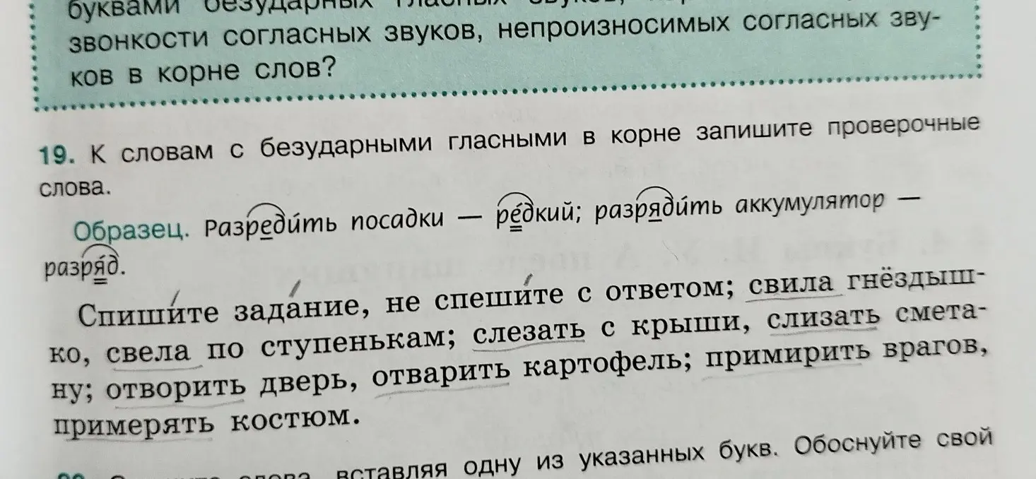 Подбери проверочные слова к словам с безударными гласными в корне: свила, свела, слезать, слизать, отворить, отварить, примирить, примерять.