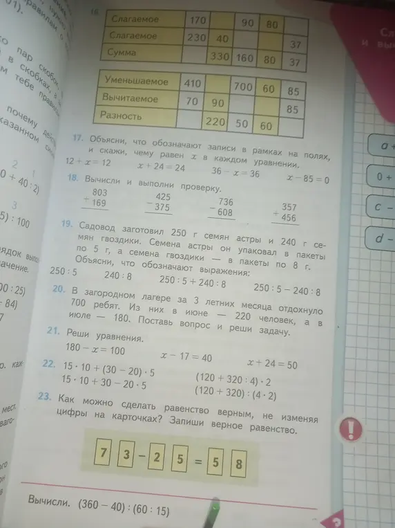 Объясни, что обозначают записи в рамках на полях, и скажи, чему равен х в каждом уравнении: 12 + x = 12