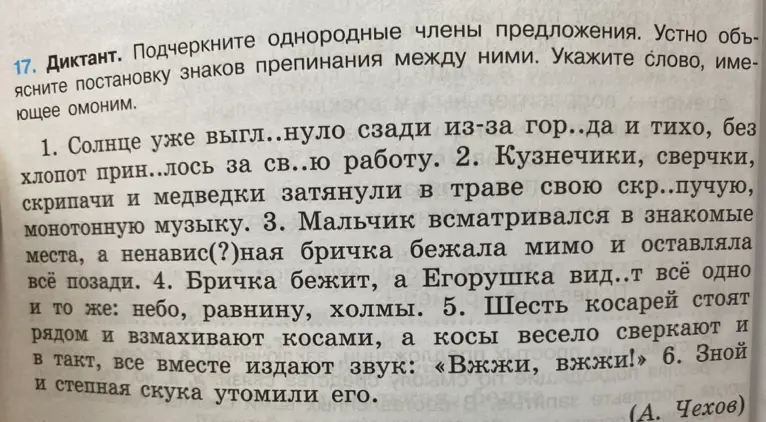 Ты просишь подчеркнуть однородные члены предложения, устно объяснить постановку знаков препинания между ними и указать слово, имеющее омоним в тексте диктанта.