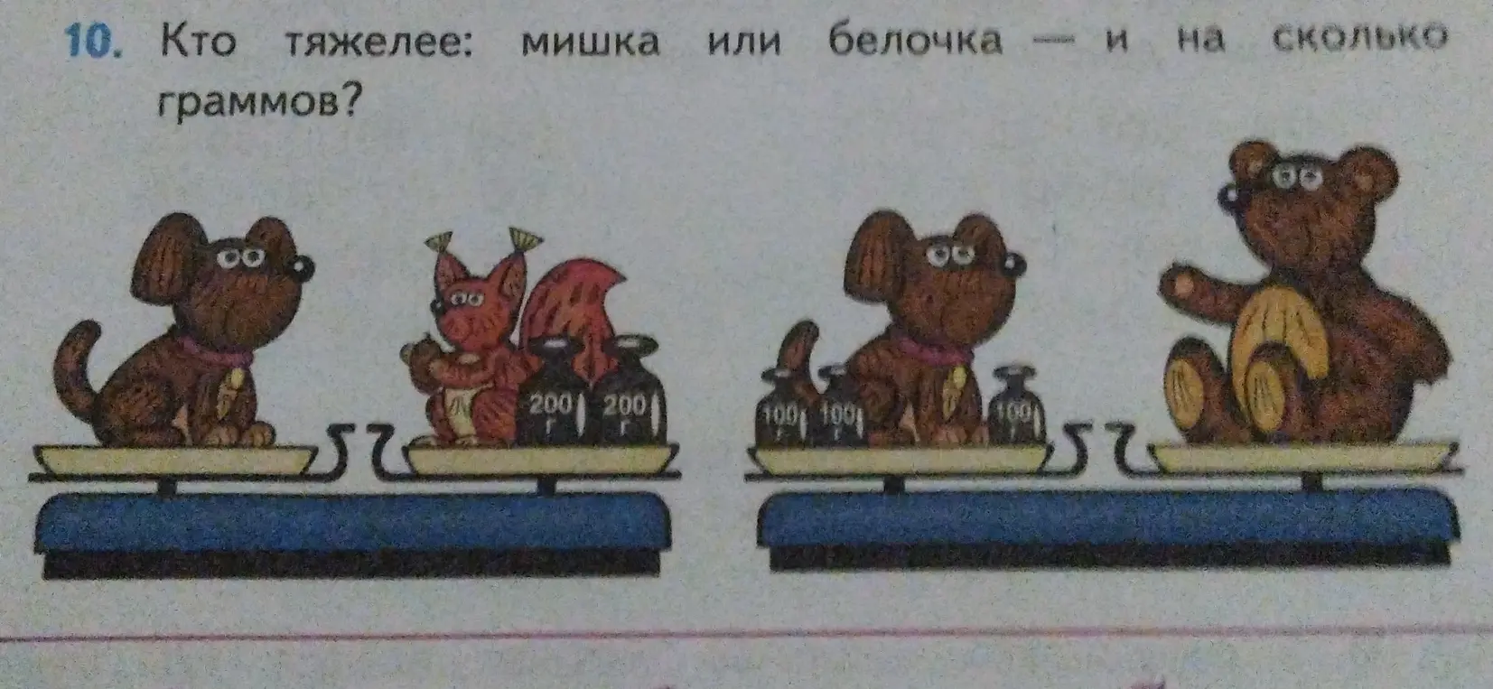 Выясни, кто тяжелее: мишка или белочка и на сколько граммов?