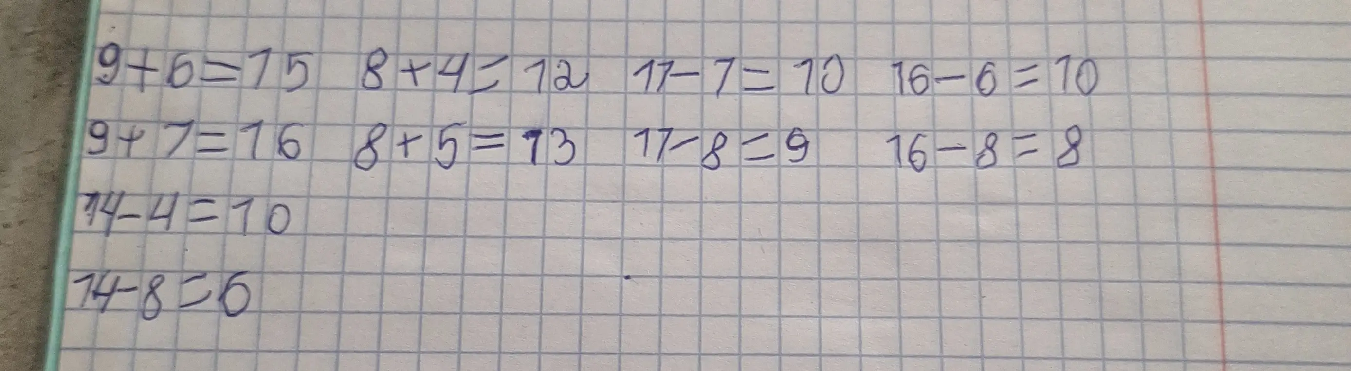 Ты просишь проверить правильность решения примеров: 9+6=75, 8+4=12, 17-7=10, 16-6=10, 9+7=76, 8+5=93, 17-8=9, 16-8=8, 14-4=10, 14-8=6