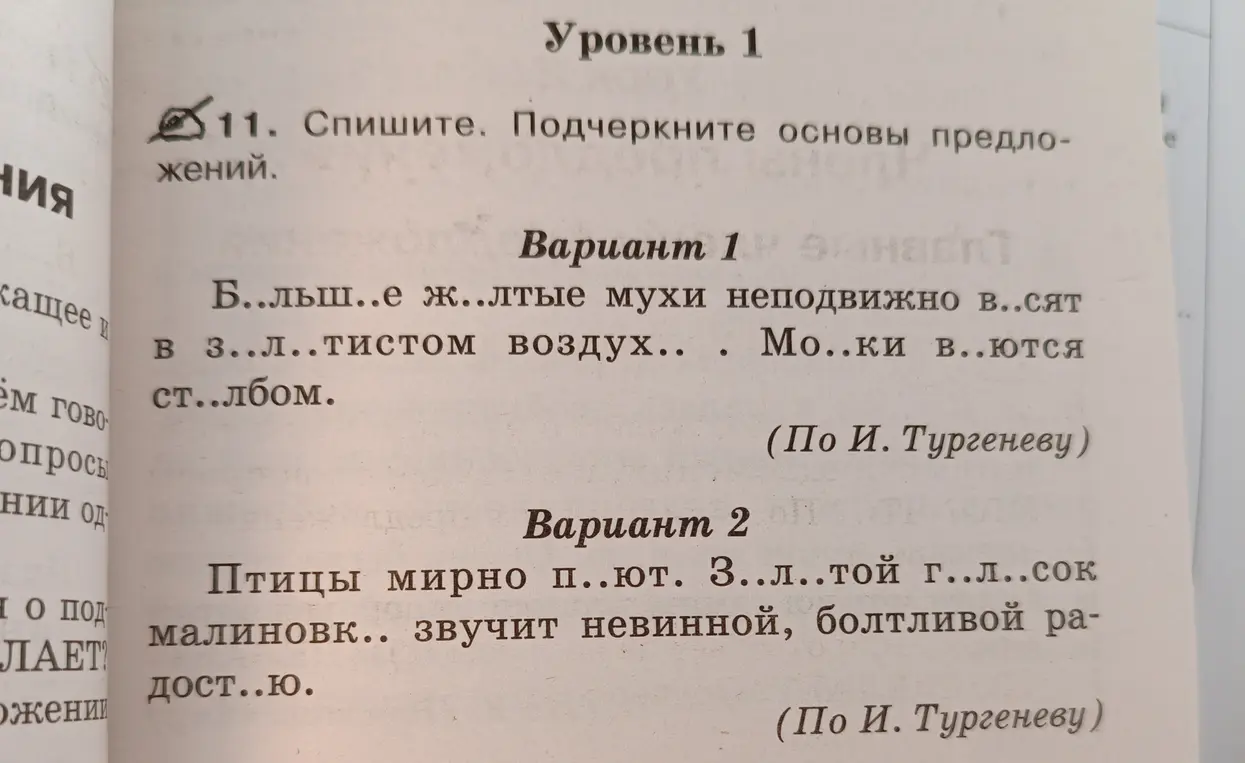Спиши, вставляя пропущенные буквы. Подчеркни основы предложений в варианте 1.