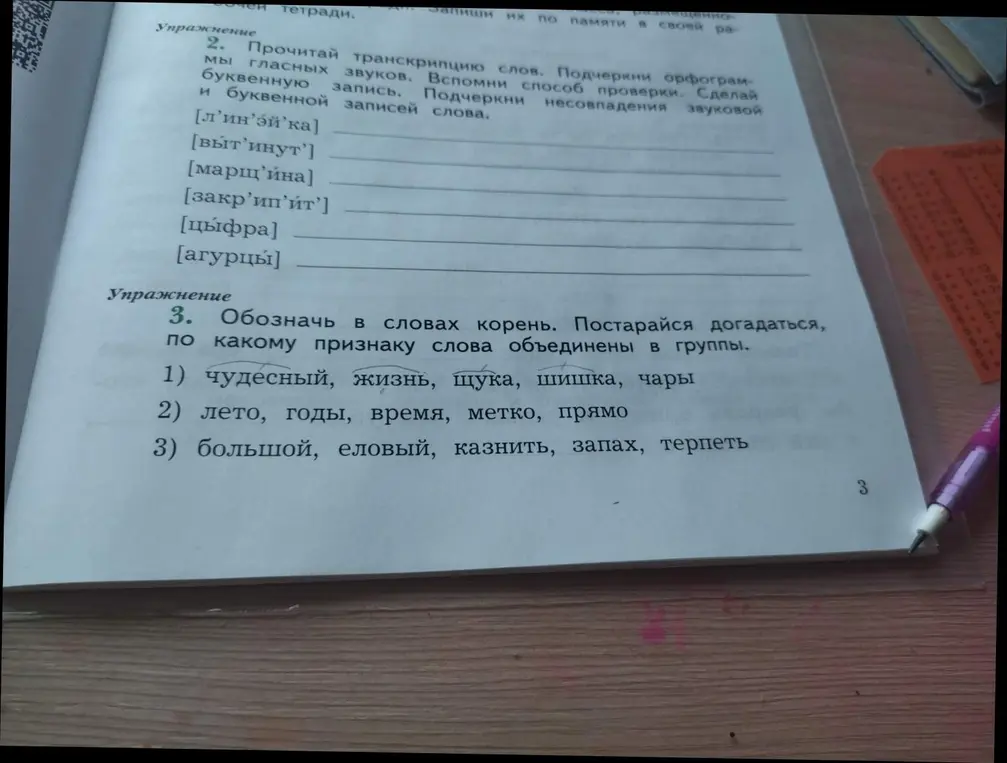Ты просишь обозначить в словах корень и догадаться, по какому признаку слова объединены в группы в упражнении 3.