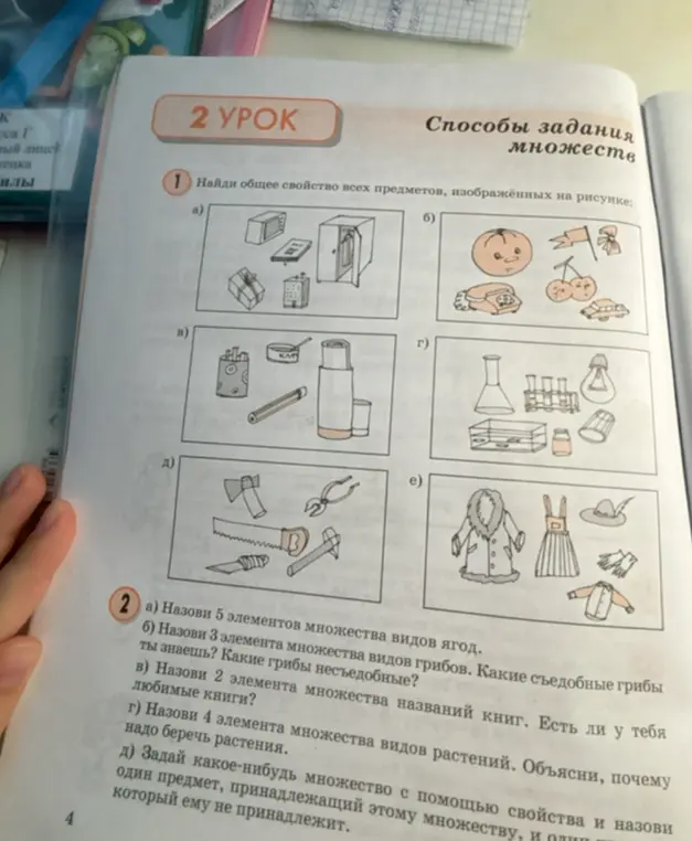 Помоги найти общее свойство всех предметов, изображённых на рисунке и назови 5 элементов множества видов ягод.