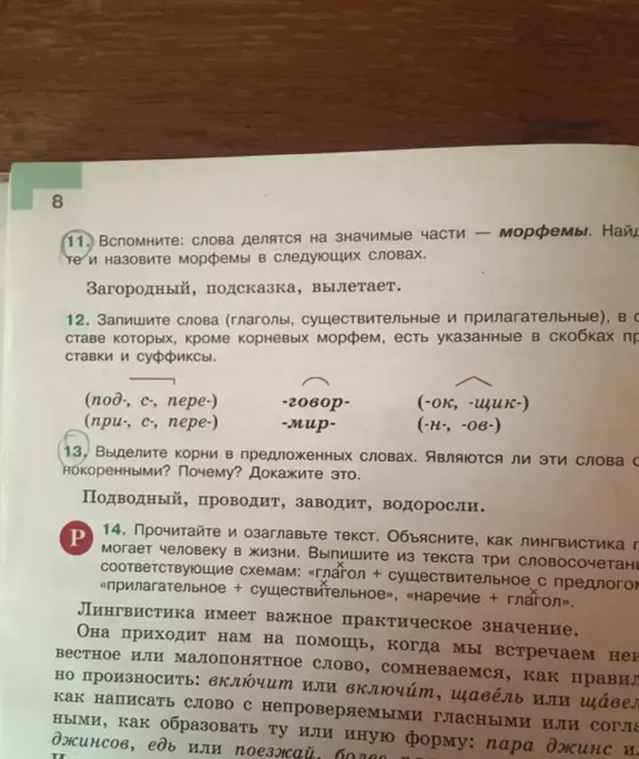 Выполни задание: найди и назови морфемы в словах "Загородный, подсказка, вылетает".