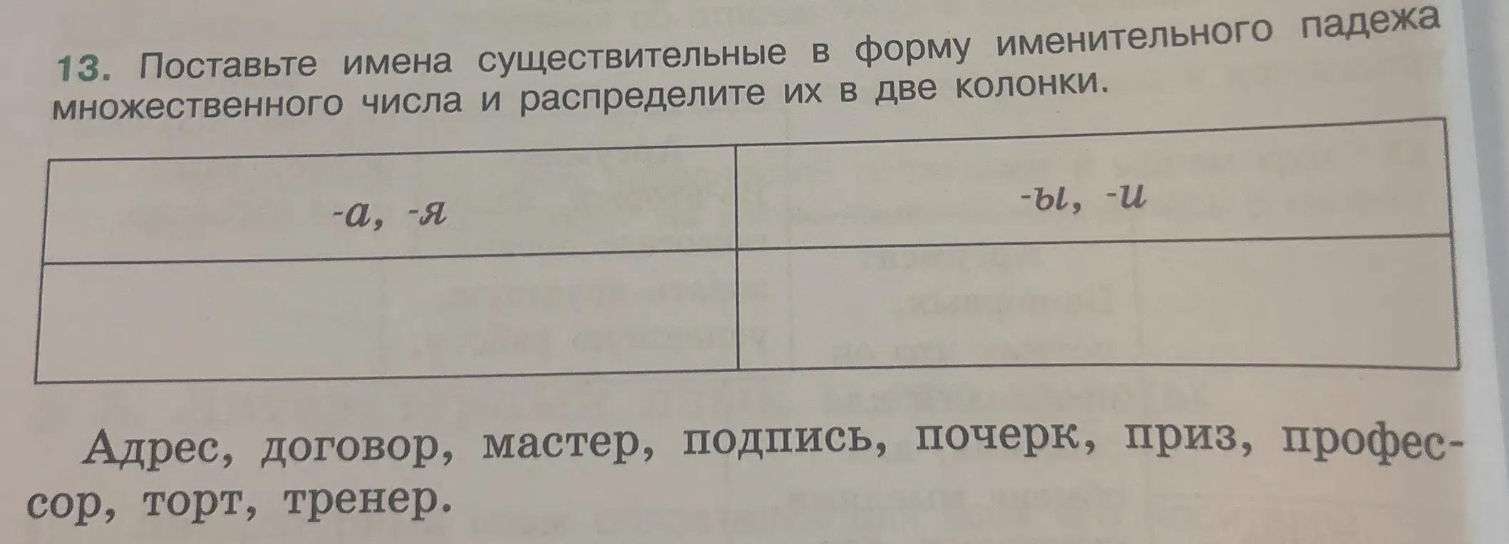 Ты просишь поставить имена существительные в форму множественного числа и распределить их в две колонки