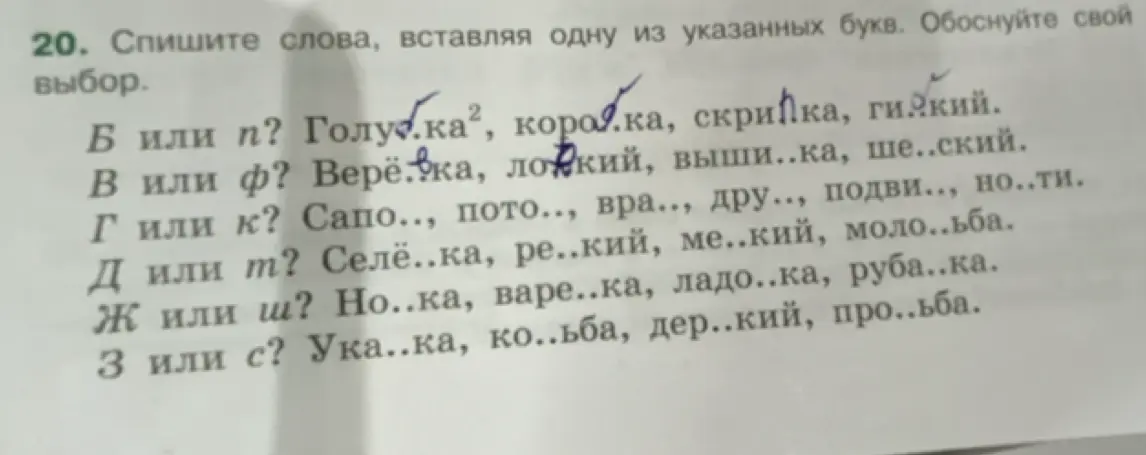 Спиши слова, вставляя одну из указанных букв в задании 20