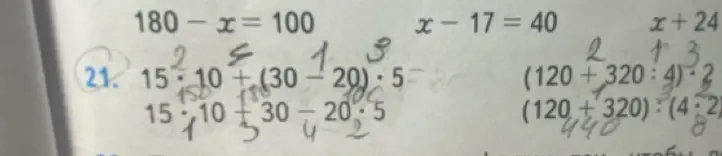 Реши примеры: 1. 15*10+(30-20)*5 2. (120+320:4)*2