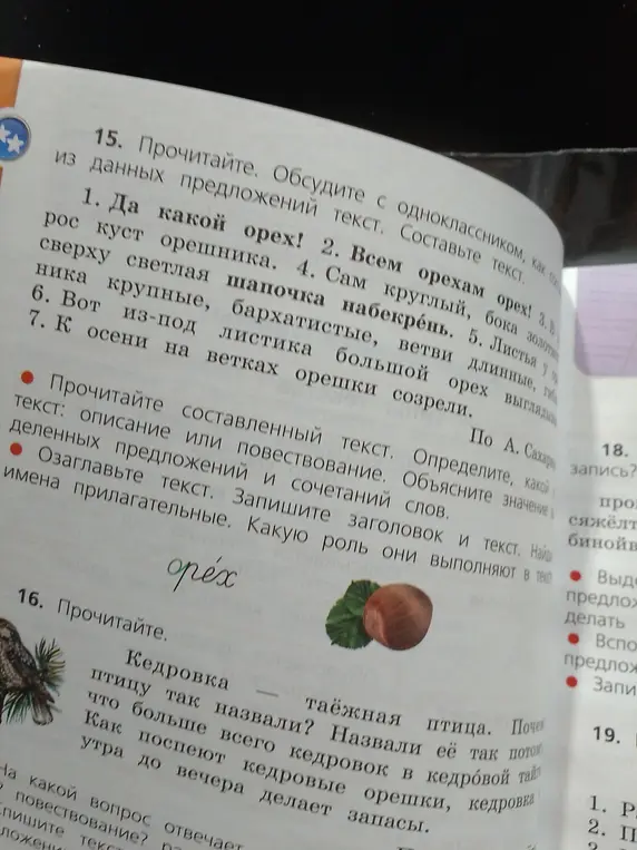 Определи, какой тип текста в упражнении 15: описание или повествование. Озаглавь текст, запиши заголовок и имена прилагательные