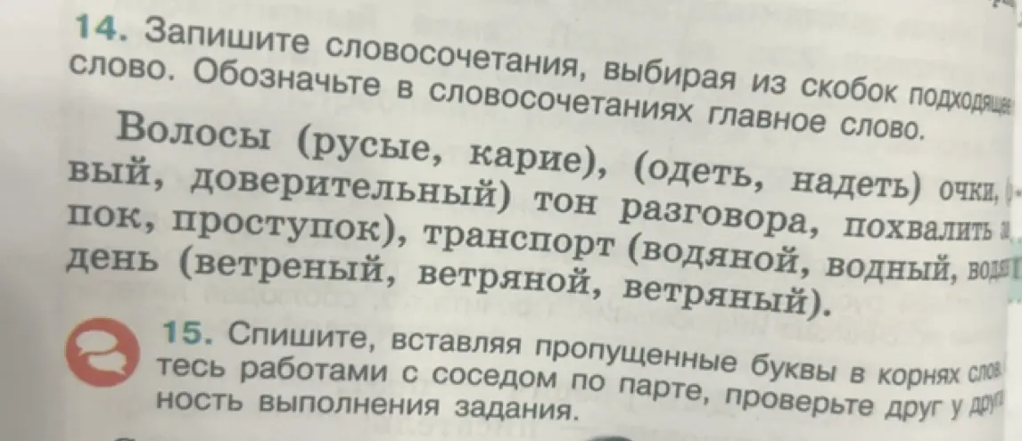 Подбери подходящие слова из скобок и запиши словосочетания из упражнения 14
