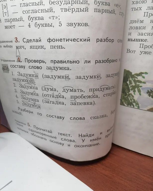 Выполни фонетический разбор слов: мяч, ящик, пень.