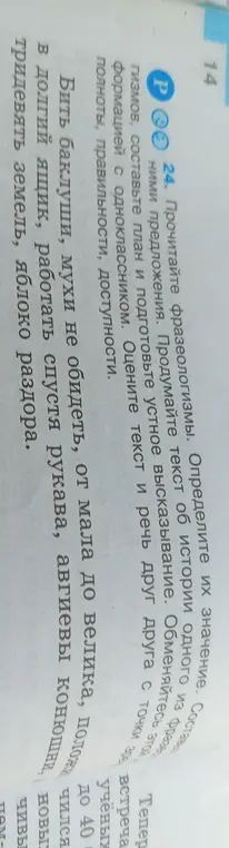 Определи значение фразеологизмов: Бить баклуши, мухи не обидеть, от мала до велика и др.