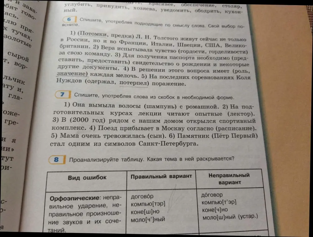 Выполни упражнения 6 и 7: спиши, употребляя подходящие по смыслу слова и слова в скобках в нужной форме. Проанализируй таблицу в упражнении 8: какая тема в ней раскрывается?