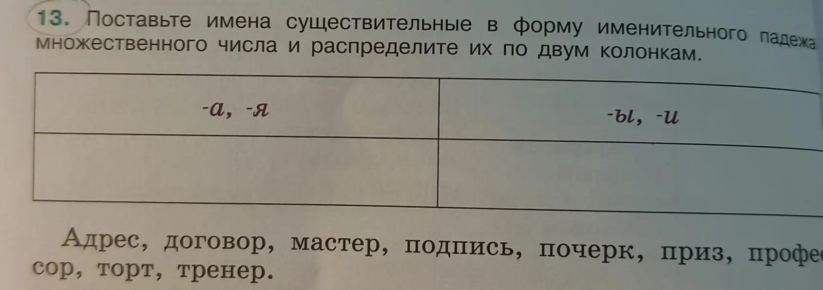 Поставь имена существительные в форму именительного падежа множественного числа и распредели их по двум колонкам