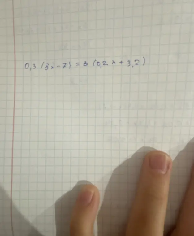 Реши уравнение 0,3 * (5x - 7) = 3 * (0,2x + 3,2)