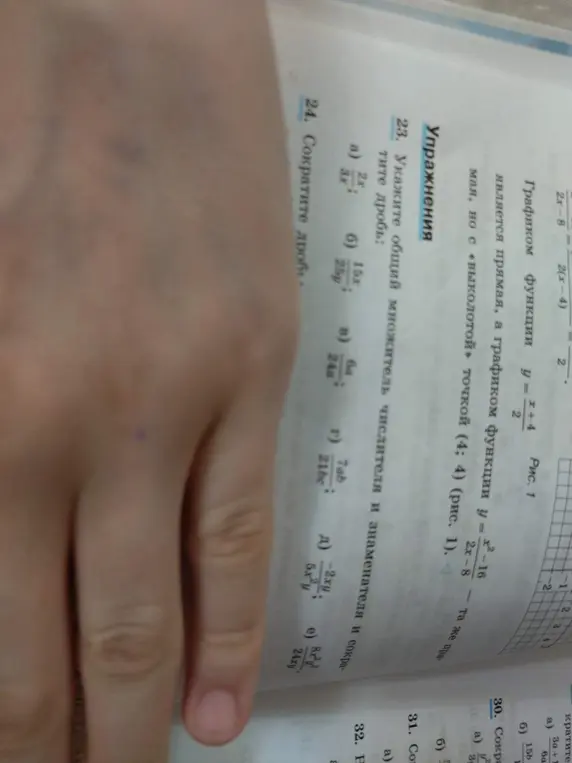 Помоги мне сократить дроби: 2x/3x, 15x/25y, 6a/24a, 7ab/21bc, -2xy/5xy, 8x²y/24xy