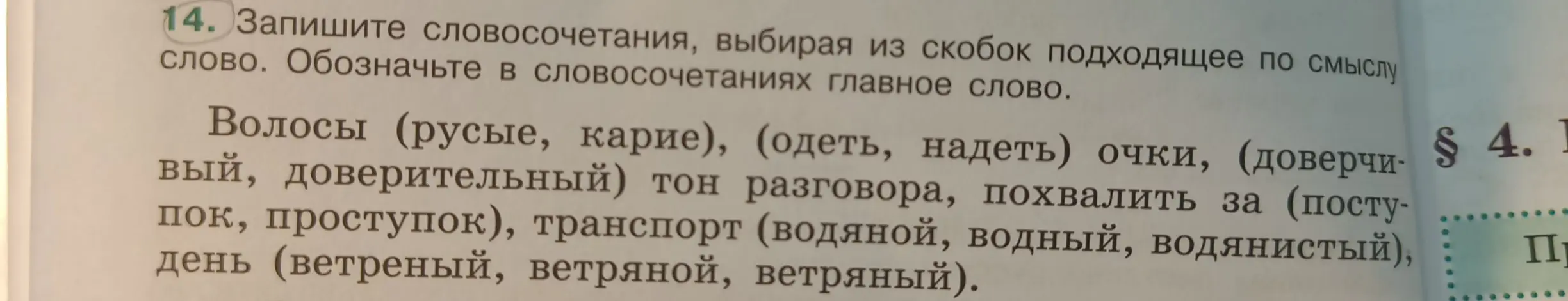 Выбери подходящее слово из скобок и обозначь в словосочетаниях главное слово в задании 14.