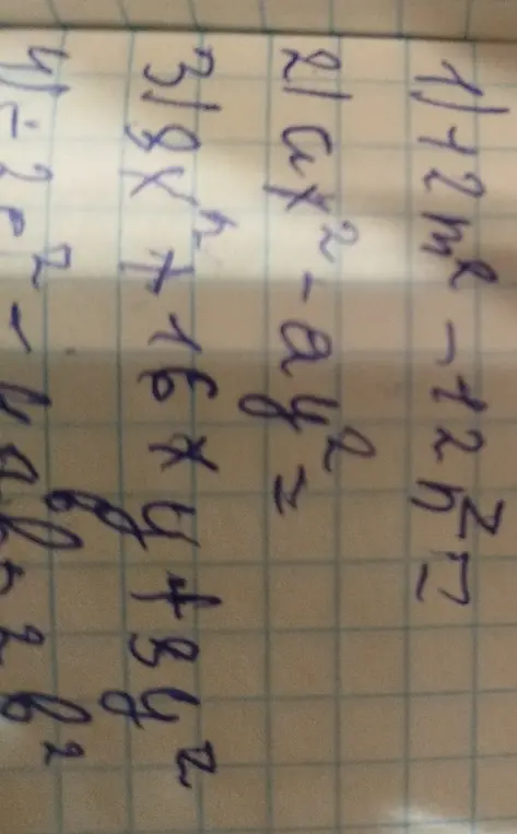 Можешь помочь упростить выражения: 1) 112m²-72n², 2) ax²-ay² и 3) 3/8x²+16xy+8y²?