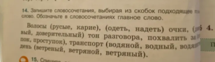 Запиши словосочетания, выбирая из скобок подходящее по смыслу слово в задании 14