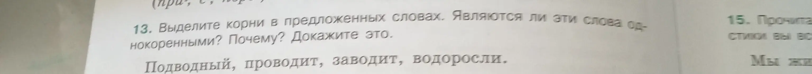 Выдели корни в словах: Подводный, проводит, заводит, водоросли. Являются ли эти слова однокоренными?