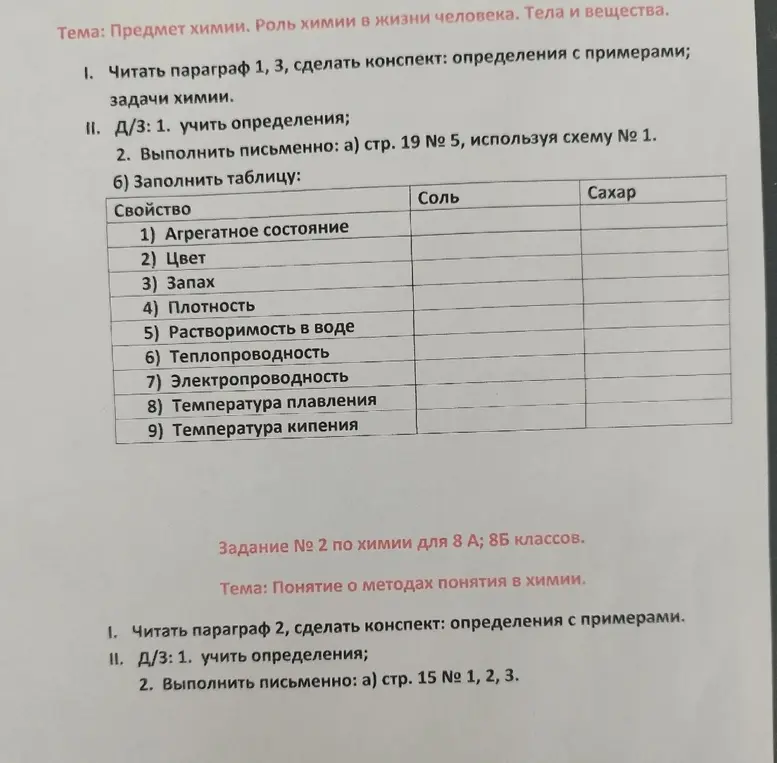 Заполни таблицу, сравнивая свойства соли и сахара