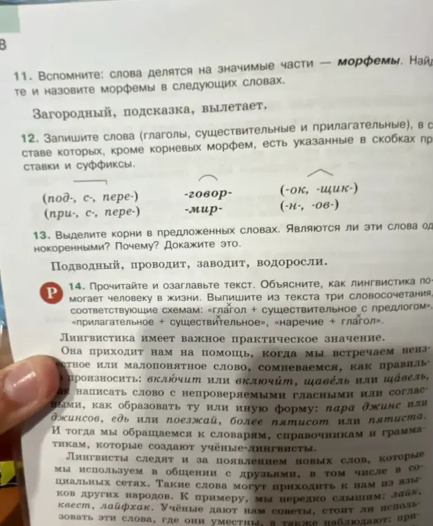 В 11 задании нужно назвать морфемы в словах "Загородный, подсказка, вылетает"